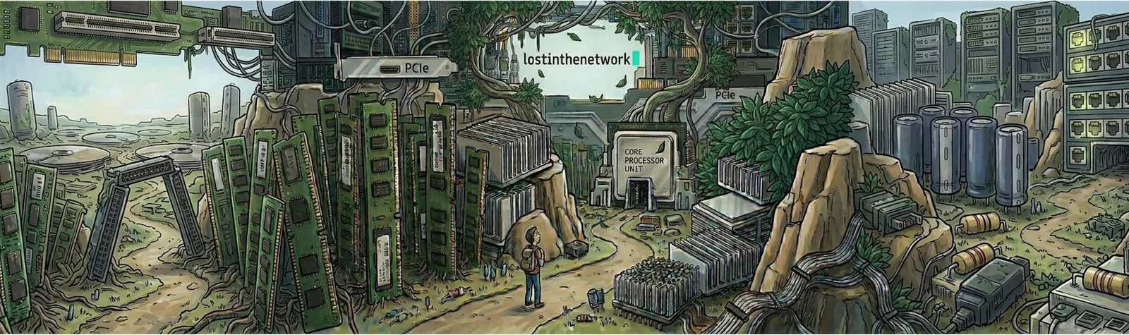 lostinthenetwork — a small figure in a wilderness built from computer components